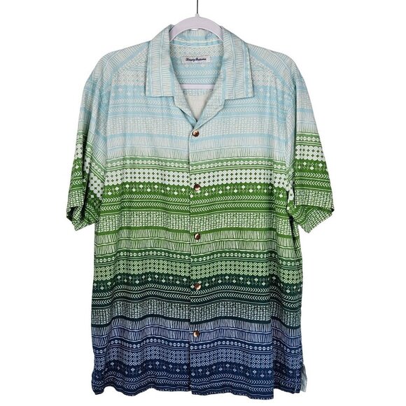 Tommy Bahama Mens Large Silk Shirt Blue Green Gradient Patterned Button Short S - Picture 1 of 9